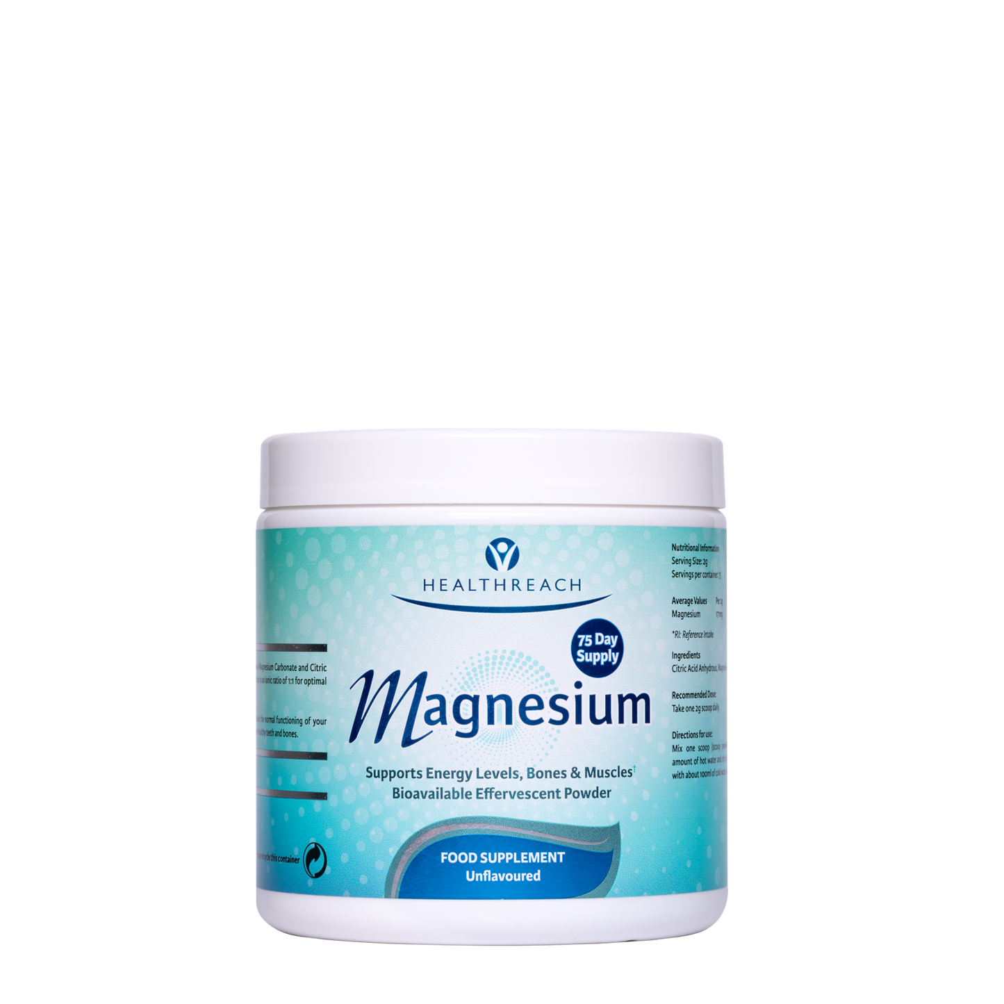 Healthreach Magnesium 75 Day Supply food supplement powder in a white plastic jar with a light blue and white label, shown on a plain white background.