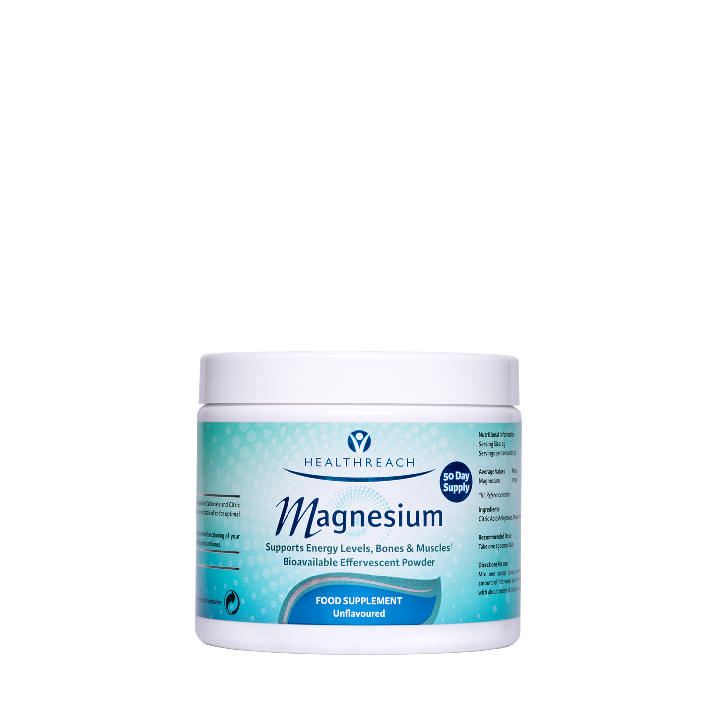Healthreach Magnesium supplement powder in a white plastic jar with a light blue and white label, shown on a solid white background.