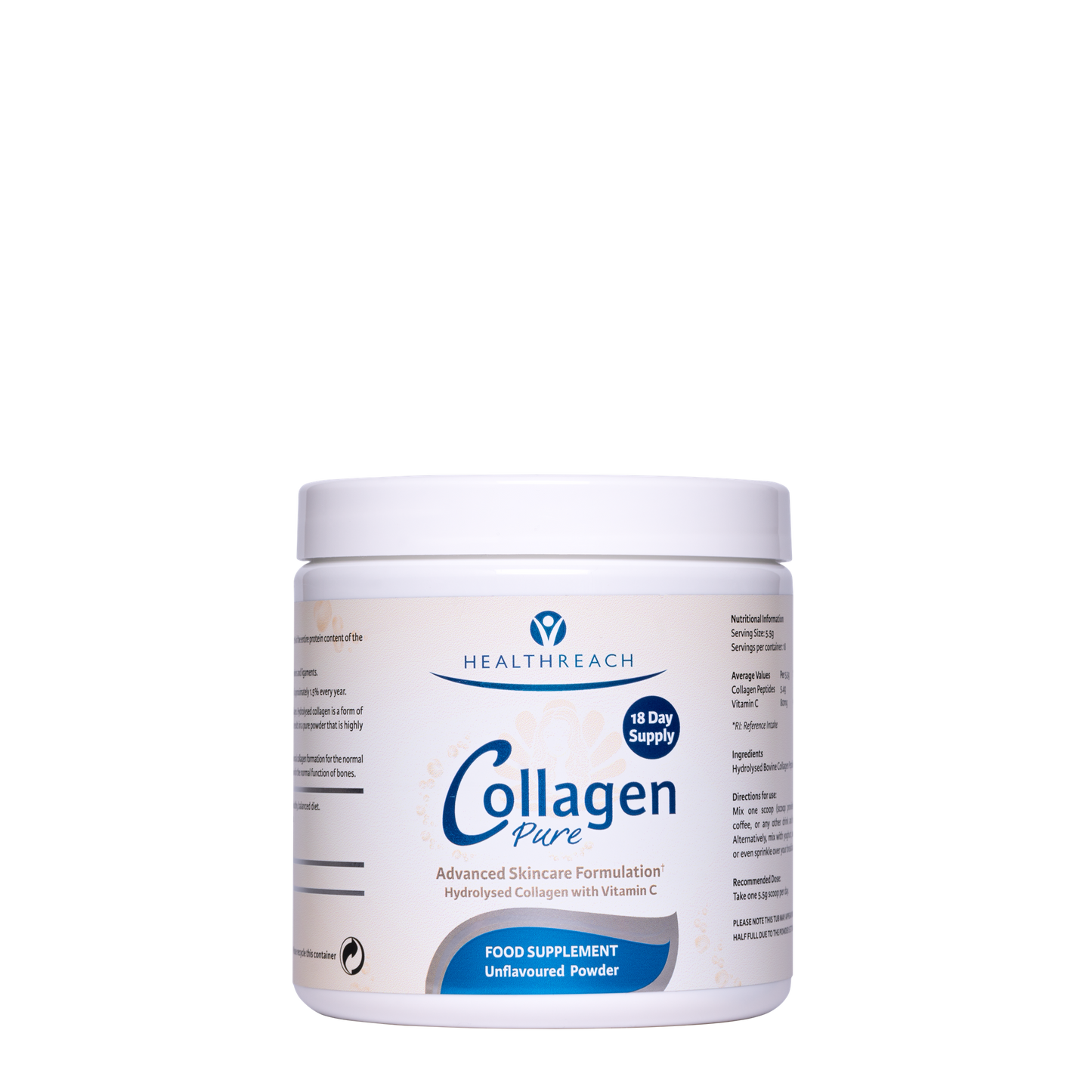 An image of Healthreach Unflavoured Collagen tub with Collagen peptide and vitamin C powder