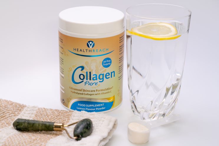 Picture of Healthreach Collagen Peptides with glass of water and skin roller