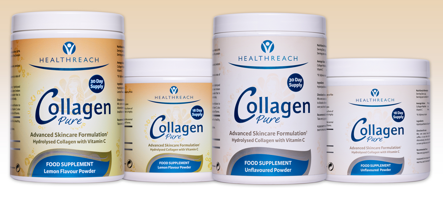 An Image of four tubs of different types of Healthreach Collagen products