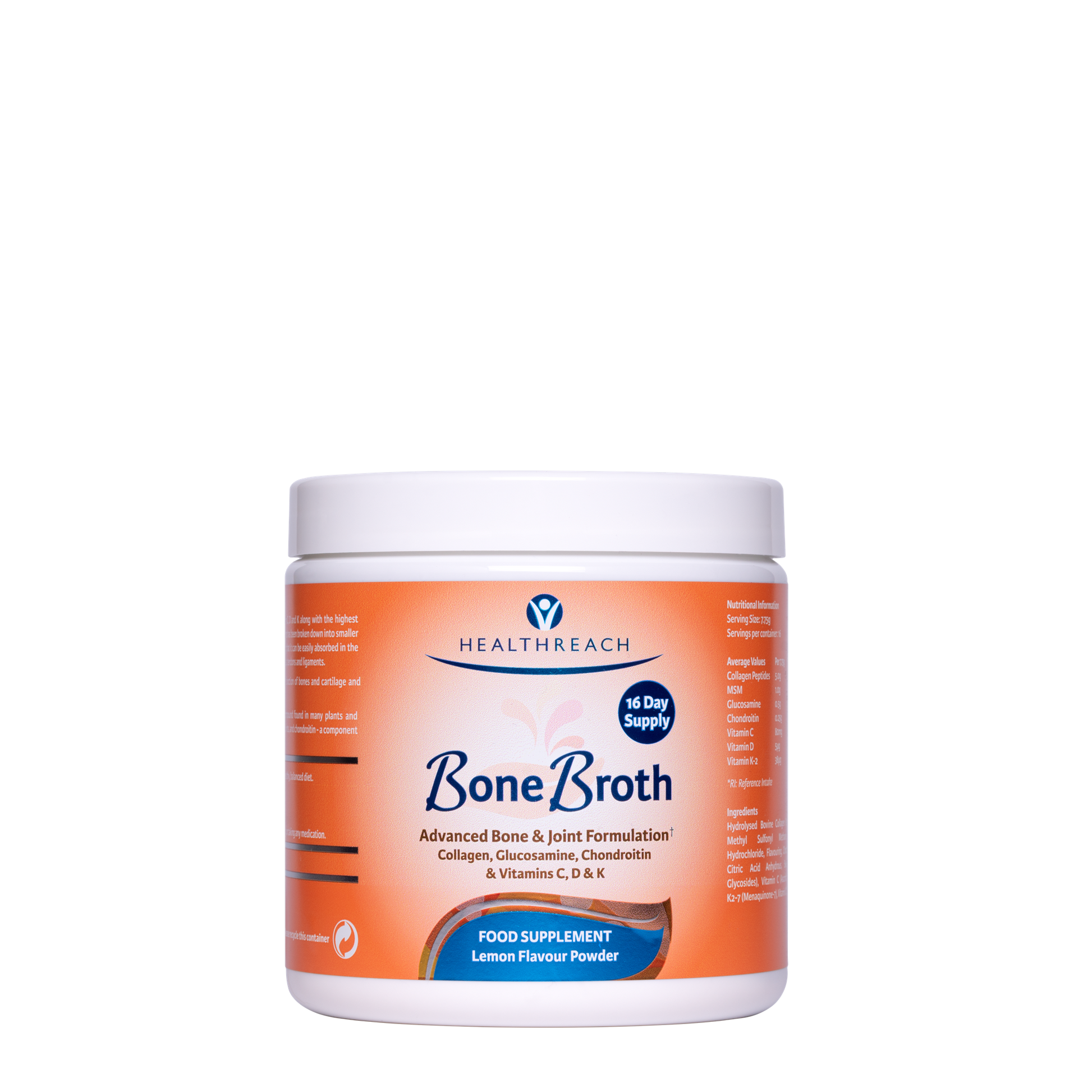 An image of a tub of Lemon Flavour Bone Broth containing collagen, glucosamine, and chondroitin
