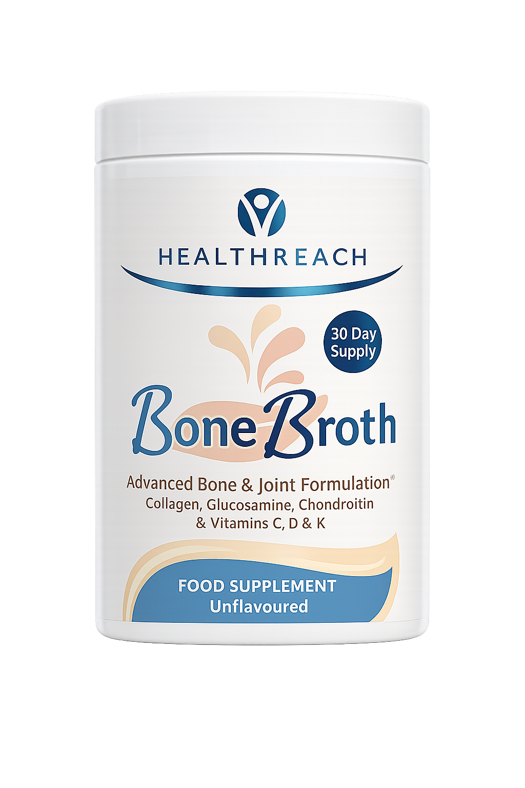 A white plastic tub of Healthreach Bone Broth food supplement, containing collagen, glucosamine and chondroitin