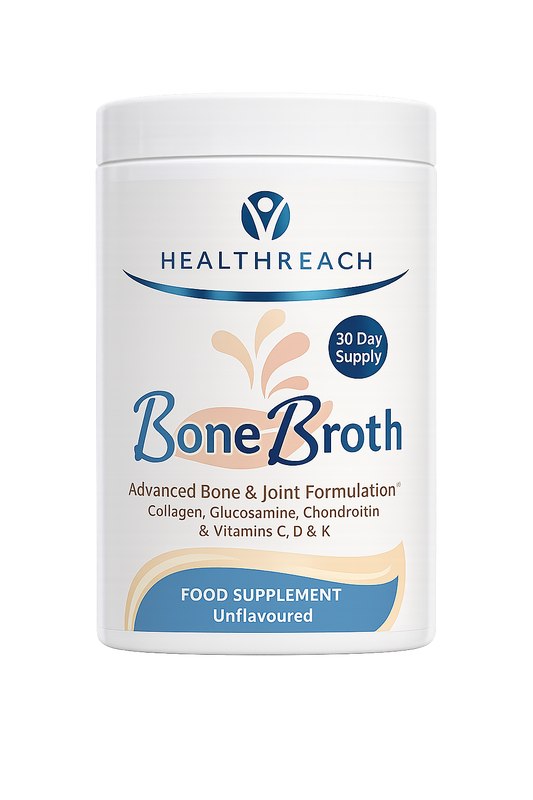 A white plastic tub of Healthreach Bone Broth food supplement, containing collagen, glucosamine and chondroitin