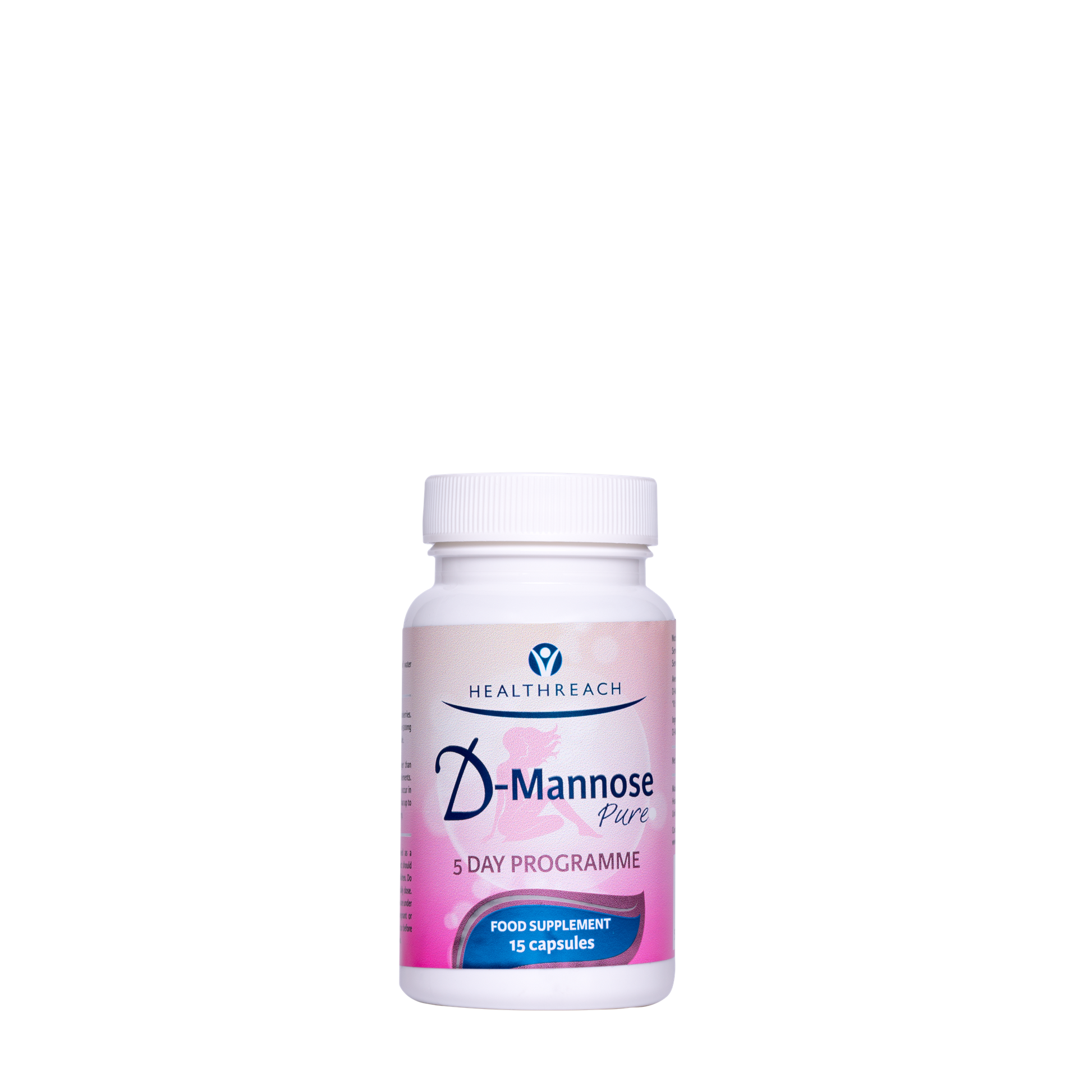 Healthreach D-Mannose Pure 5 Day Programme food supplement bottle with 15 capsules, shown on a solid white background.