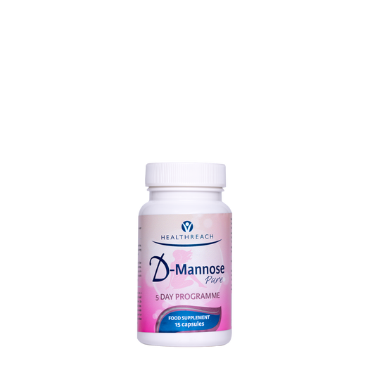 Healthreach D-Mannose Pure 5 Day Programme food supplement bottle with 15 capsules, shown on a solid white background.