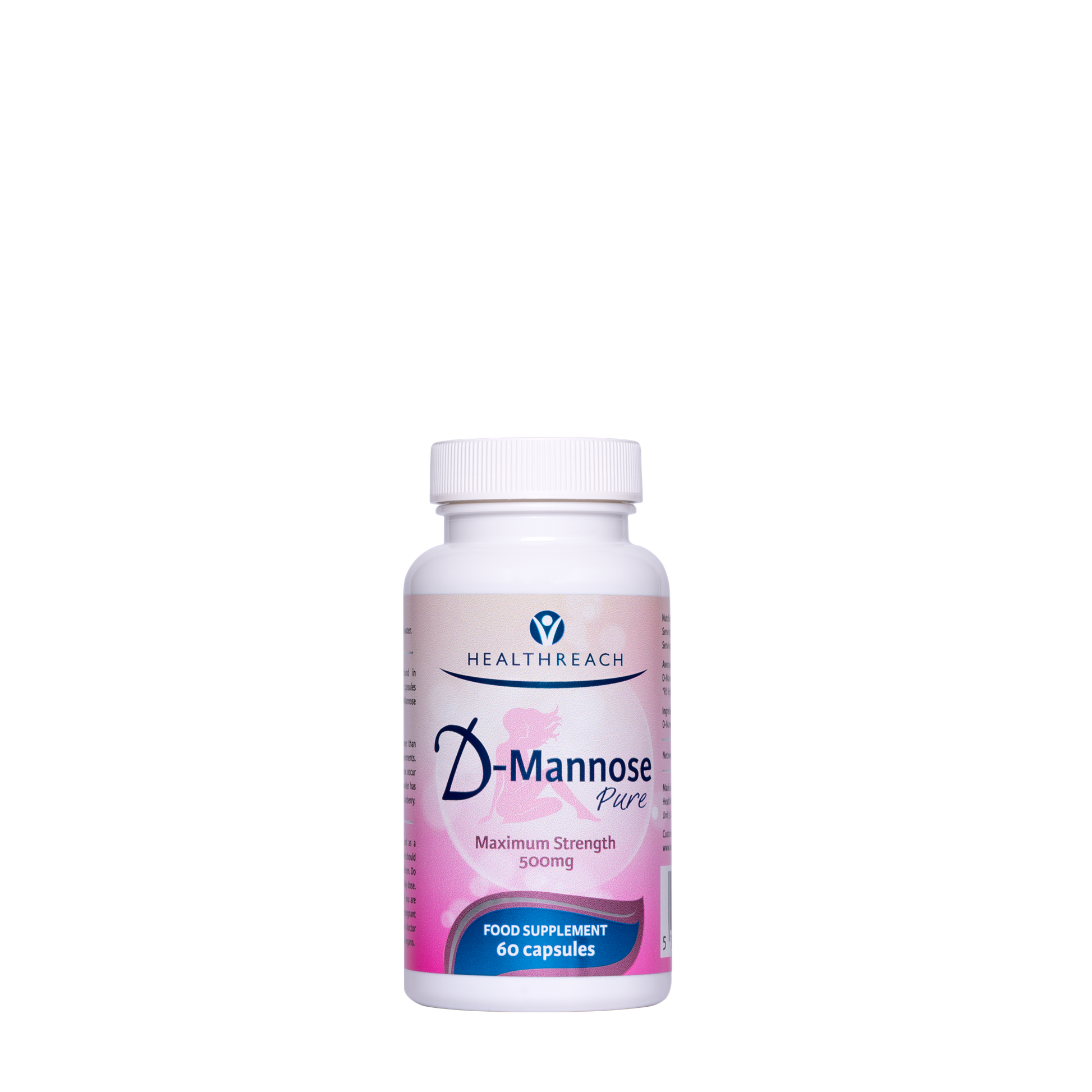 A white bottle of Healthreach D-Mannose Pure dietary supplement with a pink and white label, shown on a solid white background.