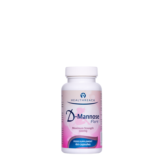 A white bottle of Healthreach D-Mannose Pure dietary supplement with a pink and white label, shown on a solid white background.