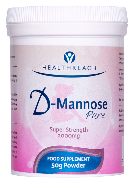 A white plastic tub of Healthreach D-Mannose Pure food supplement powder, 50g, featuring a pink and blue label.