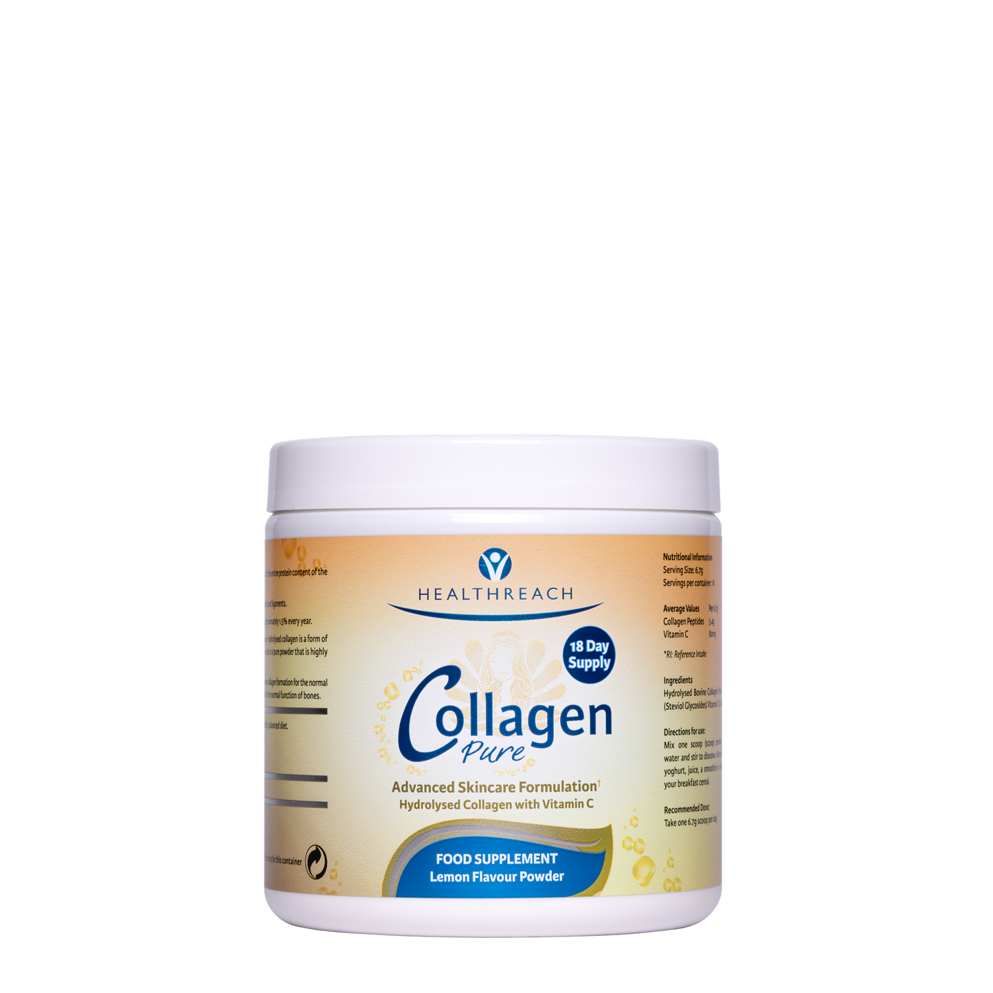 A tub of Healthreach Lemon flavour collagen containing collagen peptides with vitamin C