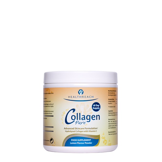A tub of Healthreach Lemon flavour collagen containing collagen peptides with vitamin C