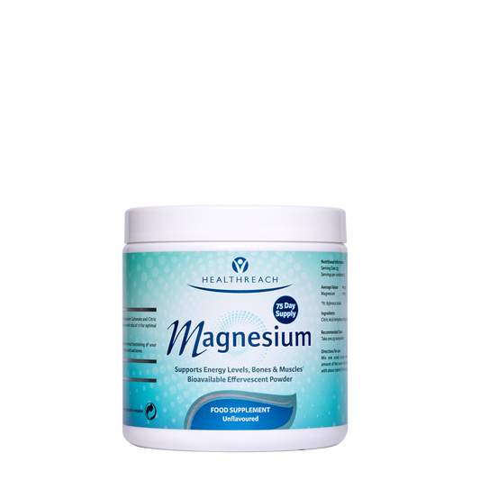 Healthreach Magnesium 75 Day Supply food supplement powder in a white plastic jar with a light blue and white label, shown on a plain white background.