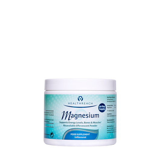 Healthreach Magnesium supplement powder in a white plastic jar with a light blue and white label, shown on a solid white background.