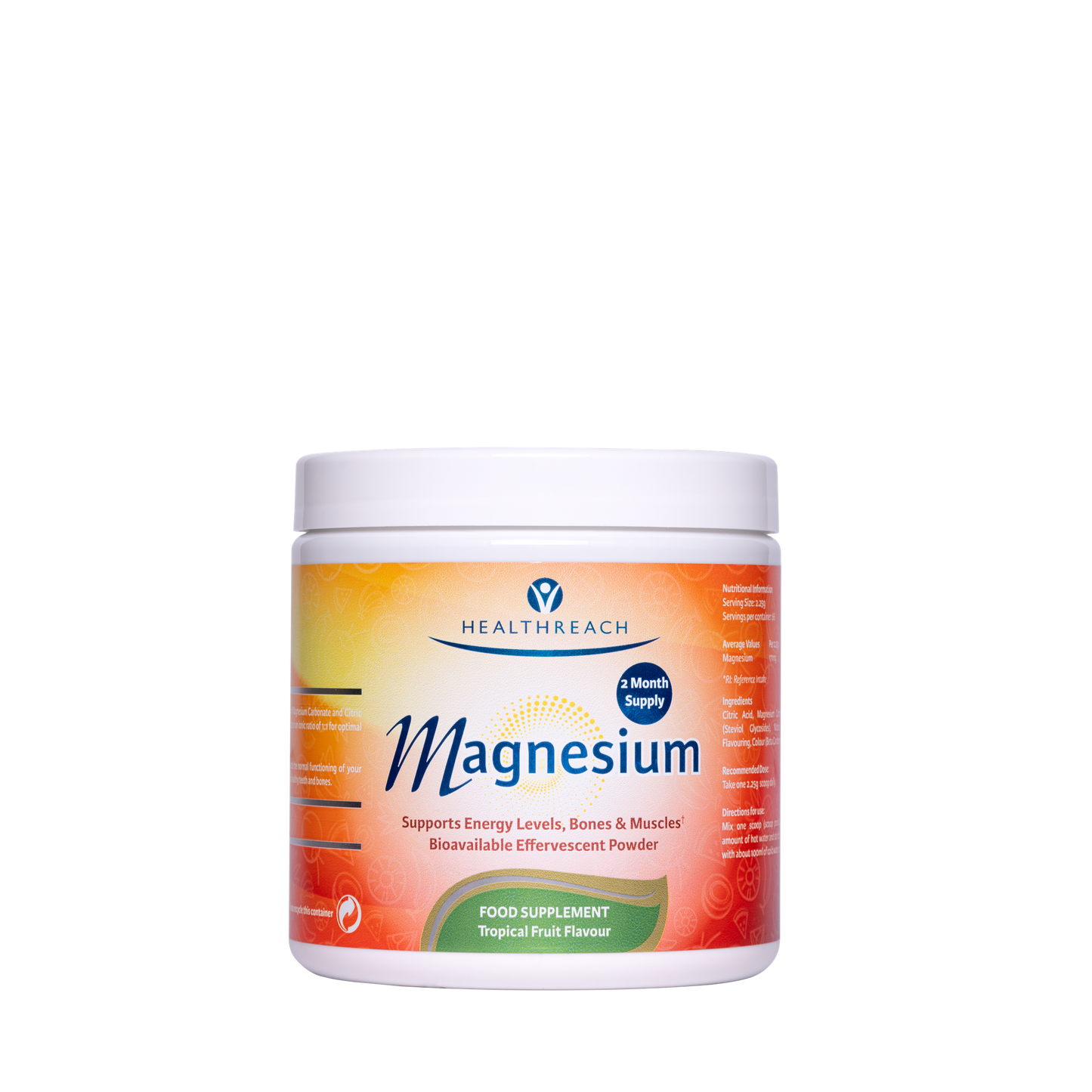 Healthreach Magnesium food supplement powder in a white plastic jar with a white cap, featuring a vibrant orange and yellow label with blue text.