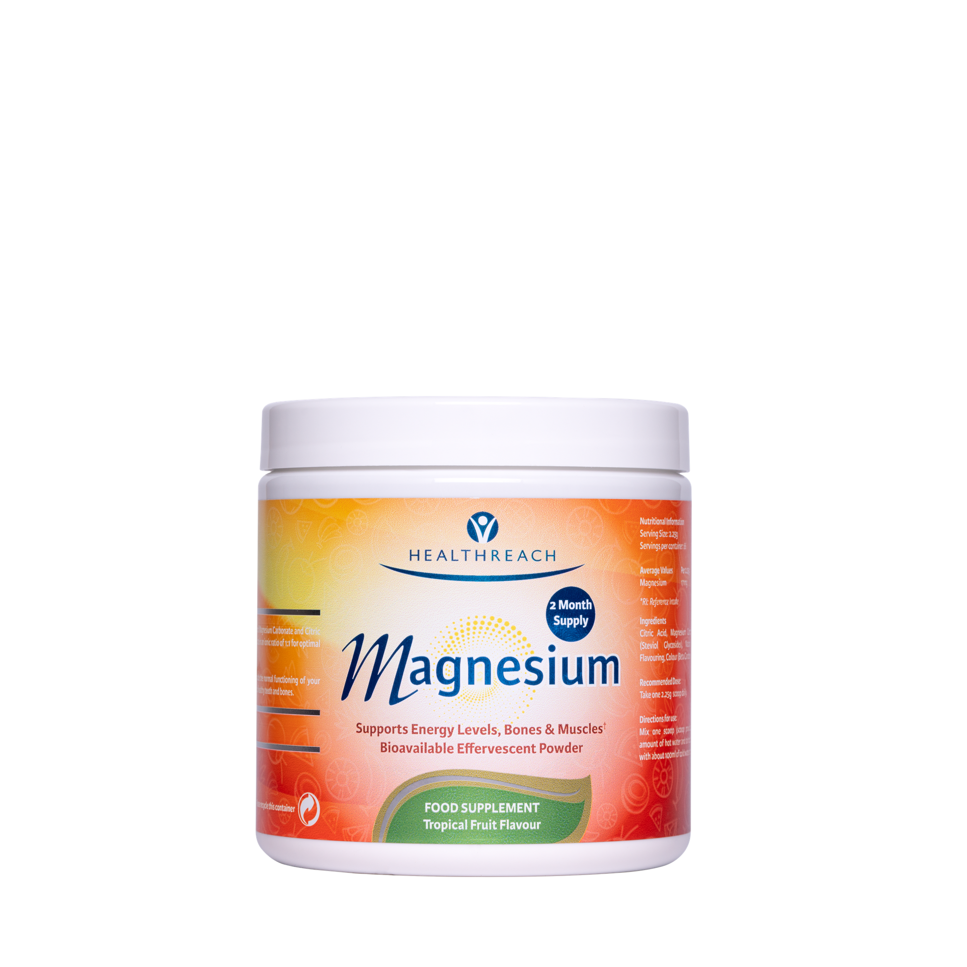 Healthreach Magnesium food supplement powder in a white plastic jar with a white cap, featuring a vibrant orange and yellow label with blue text.