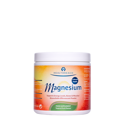 Healthreach Magnesium food supplement powder in a white plastic jar with a white cap, featuring a vibrant orange and yellow label with blue text.