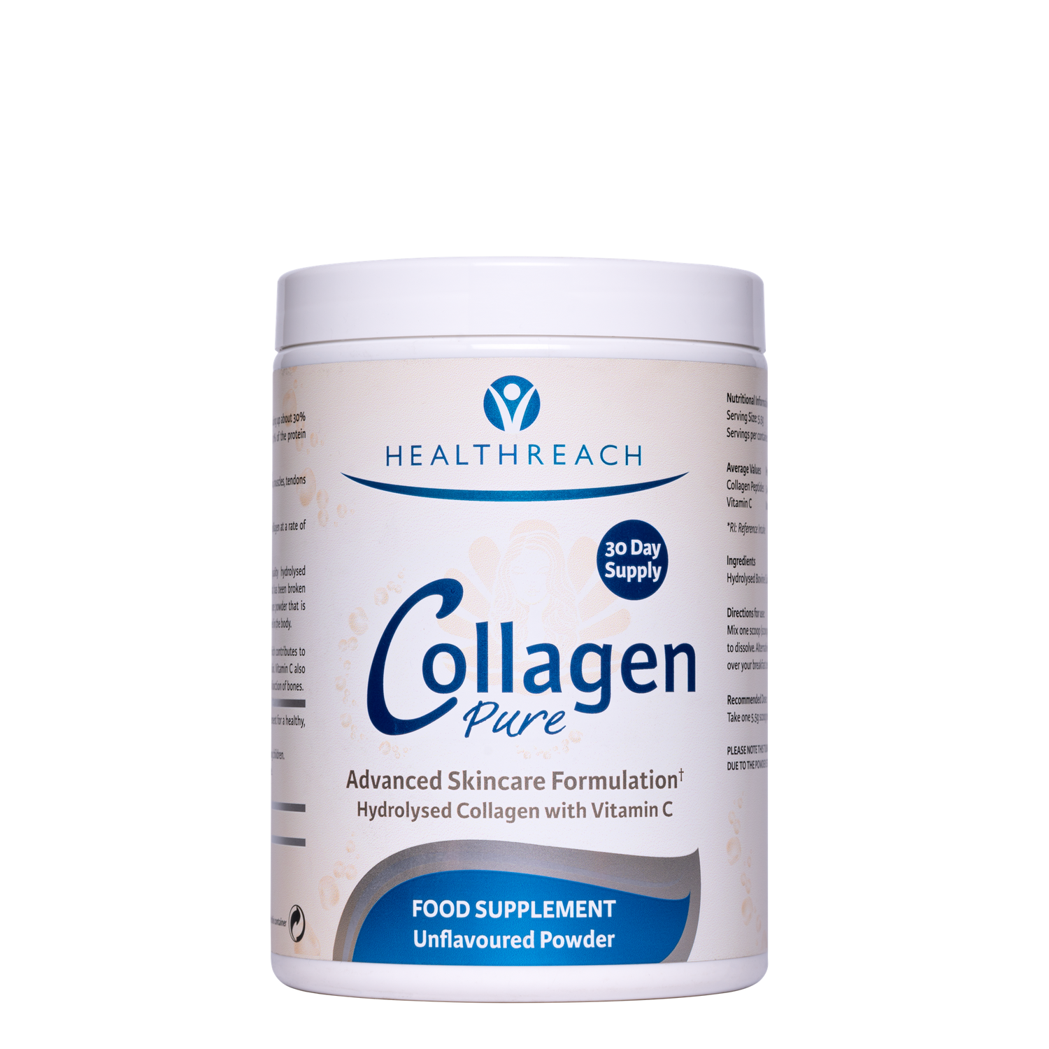 An image of a Healthreach Collagen 165g tub of collagen peptide and vitamin C powder