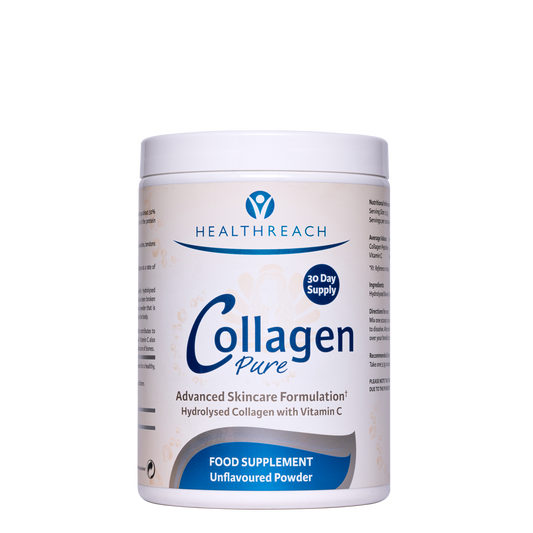 An image of a Healthreach Collagen 165g tub of collagen peptide and vitamin C powder