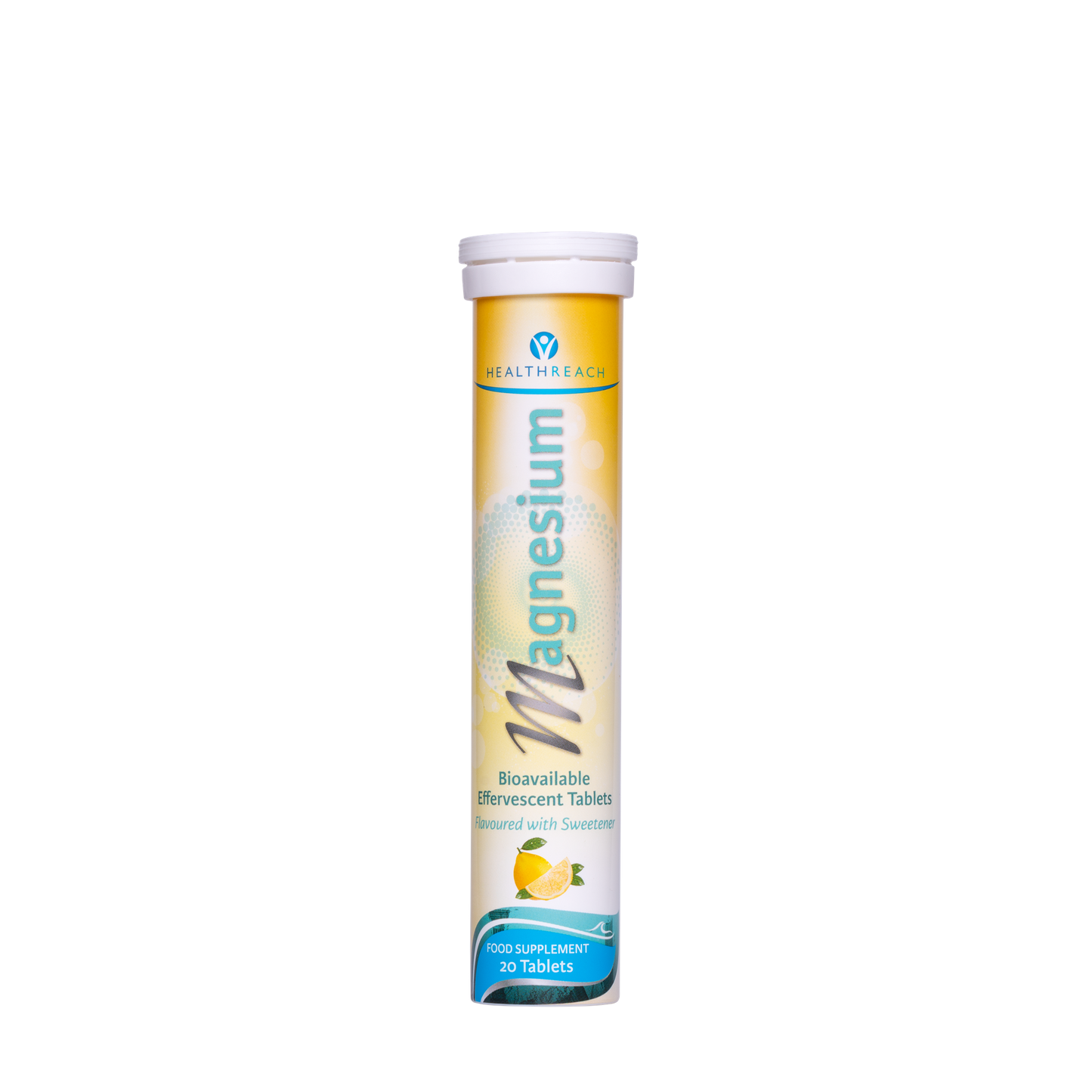 Healthreacs Magnesium Citrate Bioavailable Tablets in a yellow and white cylindrical tube with a white cap