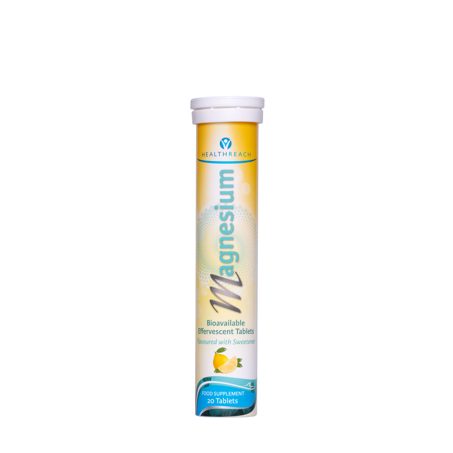 Healthreacs Magnesium Citrate Bioavailable Tablets in a yellow and white cylindrical tube with a white cap