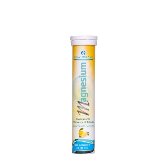 Healthreacs Magnesium Citrate Bioavailable Tablets in a yellow and white cylindrical tube with a white cap